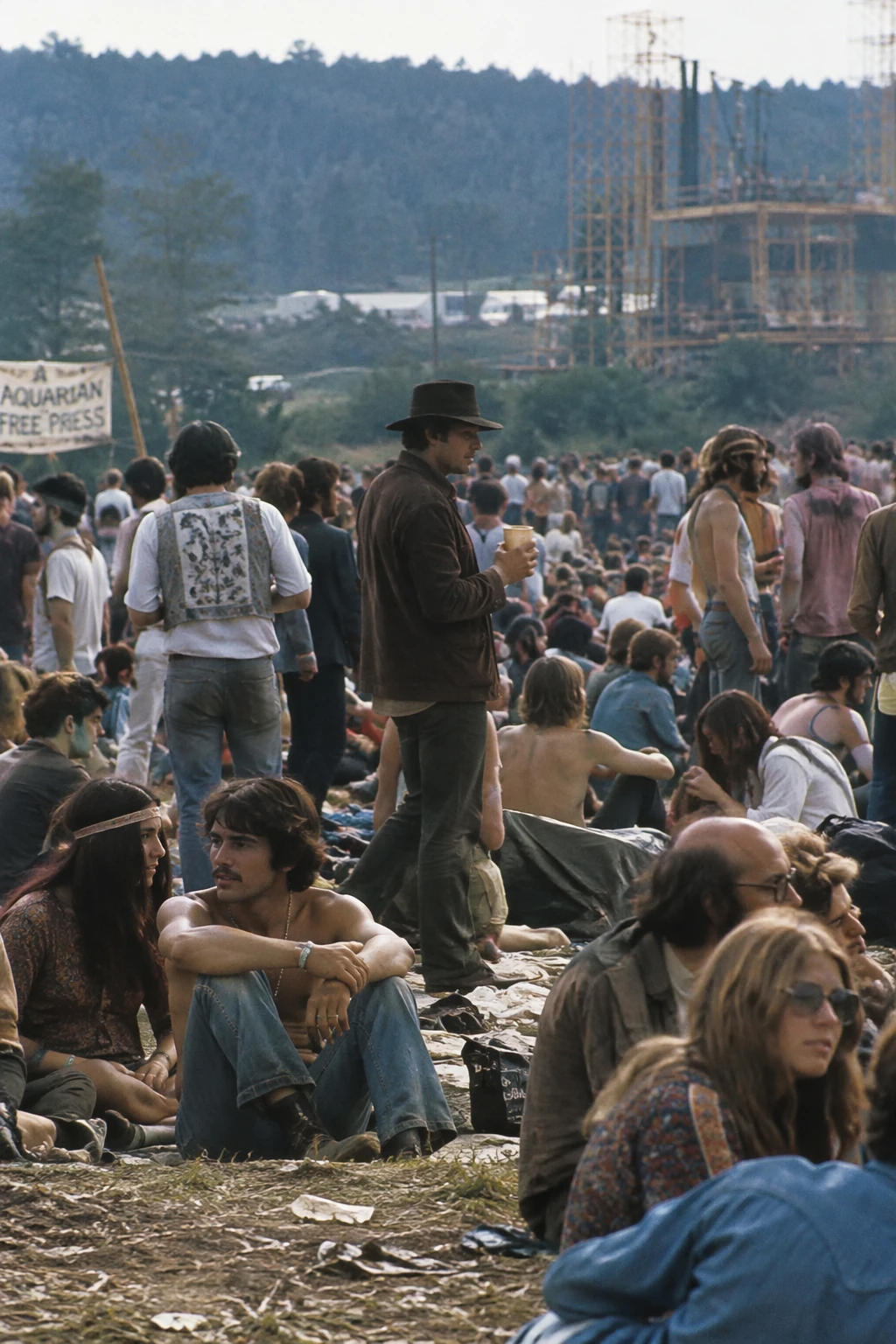 Crowd scene in Bethel, New York, in August 1969 — GPT Image 2.5 Sunburst