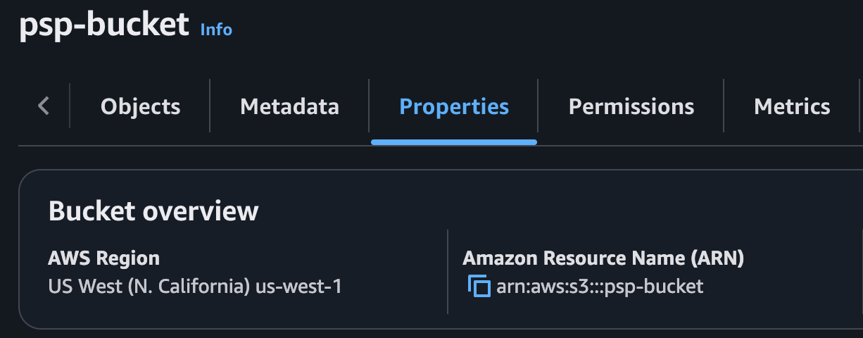 AWS S3 bucket Properties page showing the bucket overview, AWS Region, and Amazon Resource Name.