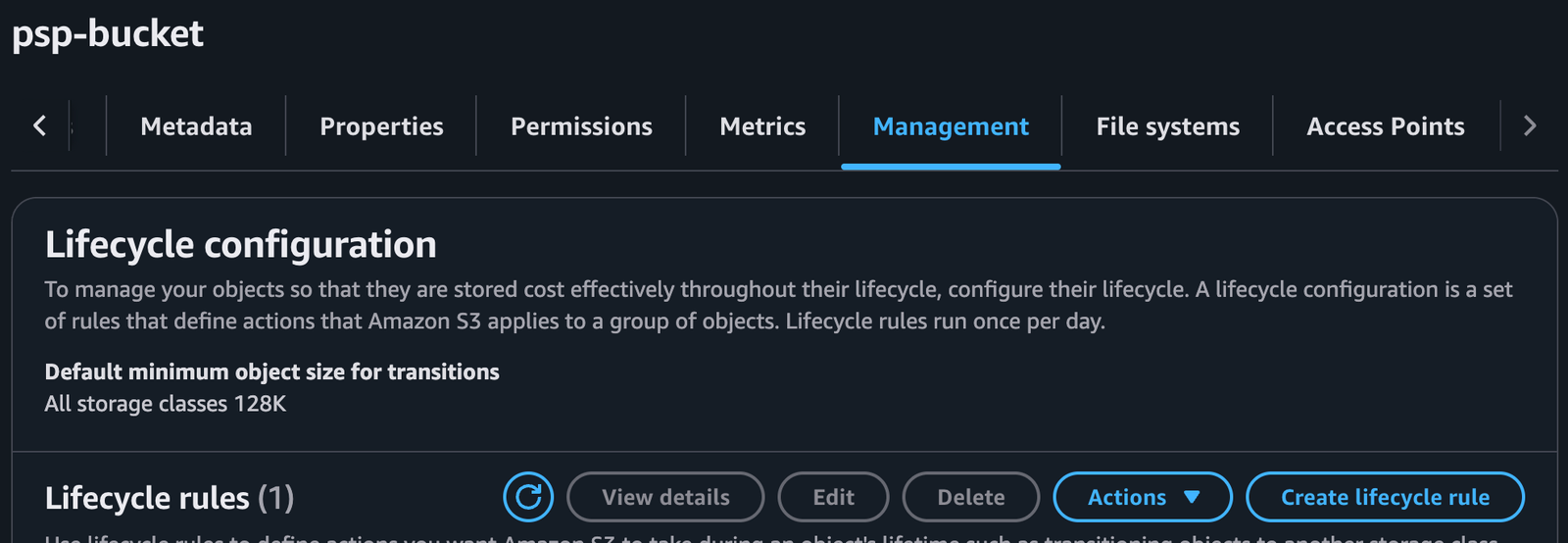 AWS S3 Management page showing Lifecycle configuration, one lifecycle rule, and the Create lifecycle rule control.