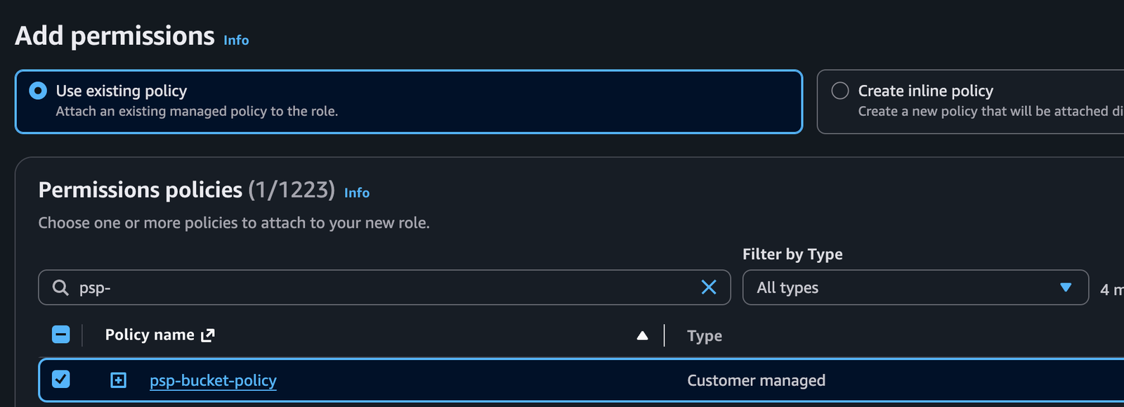 AWS IAM Add permissions page with Use existing policy selected and the customer-managed psp-bucket-policy checked.