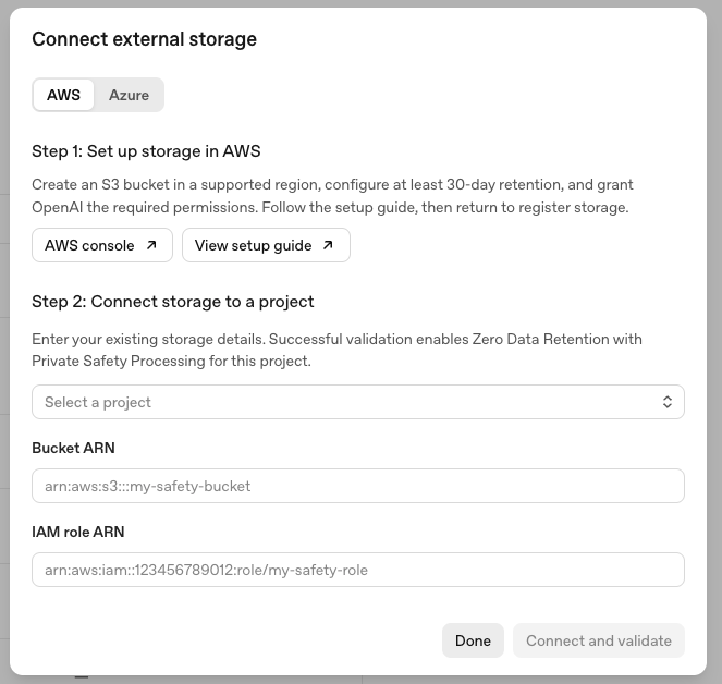 Connect external storage dialog for AWS showing project selection, Bucket ARN, IAM role ARN, and Connect and validate.