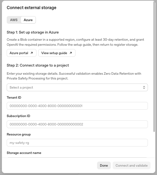 Connect external storage dialog for Azure showing the project and Azure storage configuration fields.