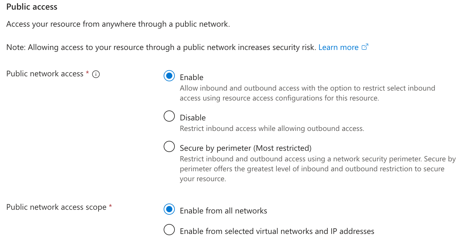 Azure storage-account Public access settings with public network access enabled from all networks.