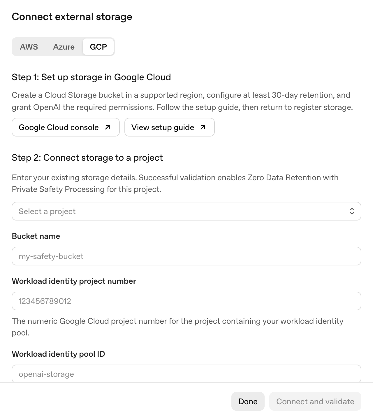 Connect external storage dialog for GCP showing project selection, Bucket name, Workload identity project number, and Workload identity pool ID.