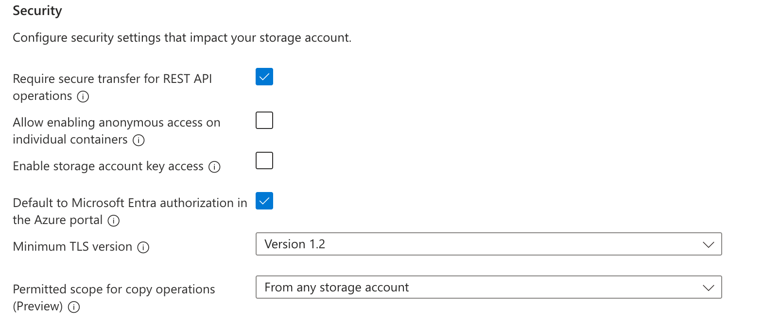 Azure storage-account Security settings with secure transfer and Microsoft Entra authorization enabled, anonymous access and storage-account key access disabled, and minimum TLS 1.2.