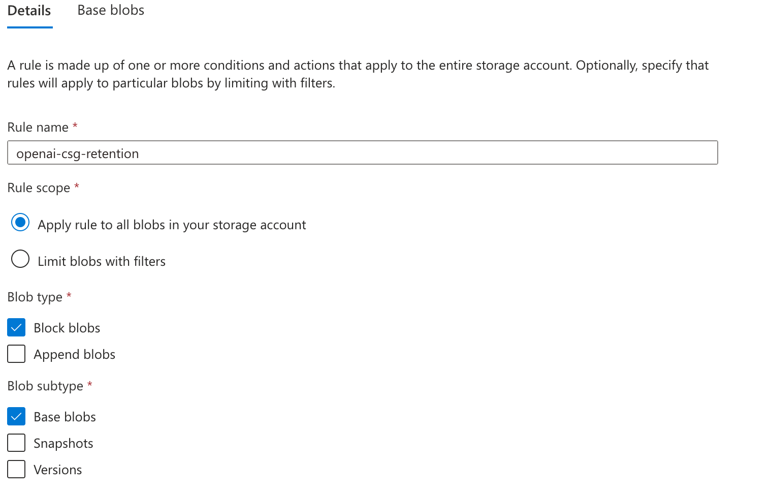 Azure lifecycle-rule Details with the rule applied to all blobs and Block blobs and Base blobs selected.