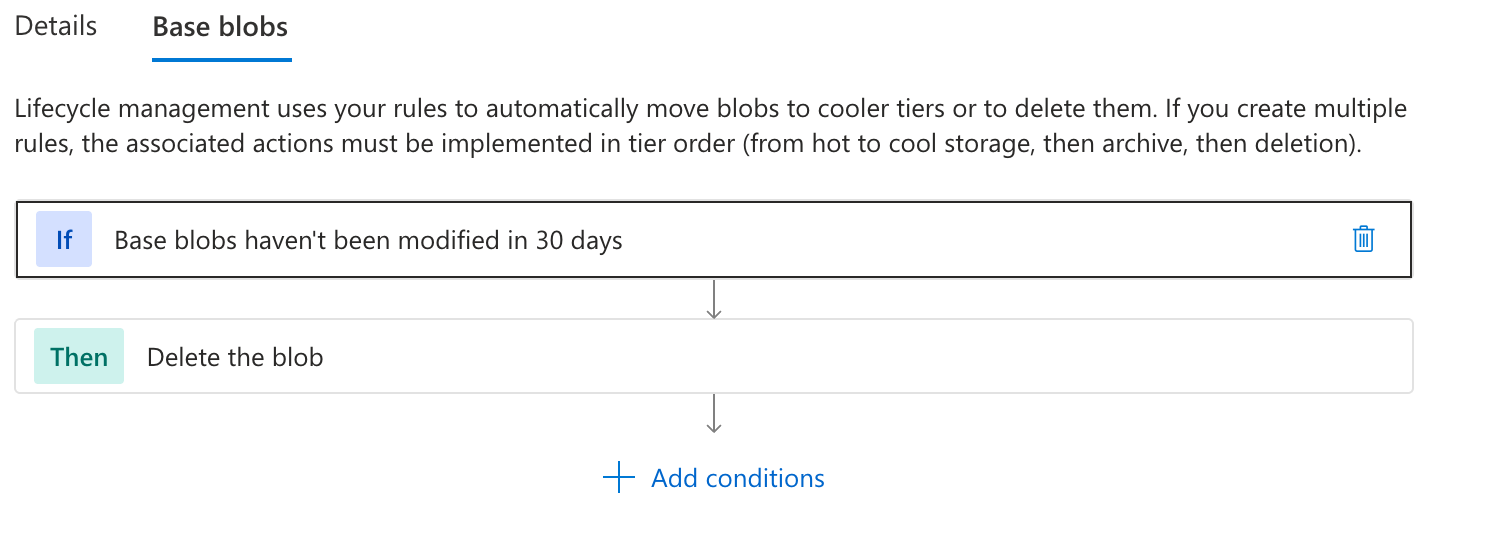 Azure lifecycle-rule Base blobs settings that delete blobs after 30 days without modification.
