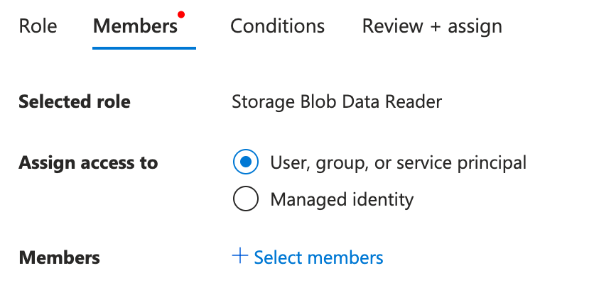 Azure role-assignment Members tab showing the Storage Blob Data Reader role and User, group, or service principal selected.