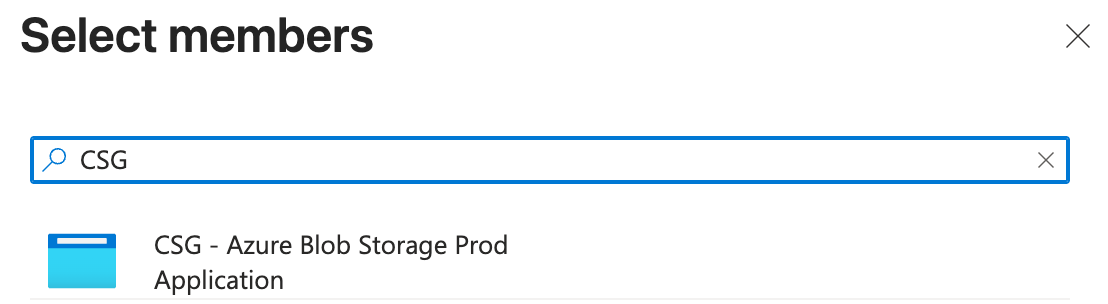 Azure Select members pane with CSG - Azure Blob Storage Prod listed as an application.