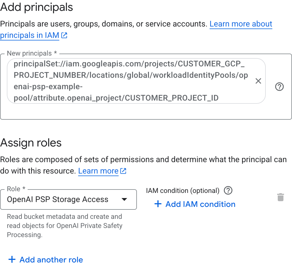Google Cloud bucket access form with the OpenAI project principal set and the custom storage role selected.