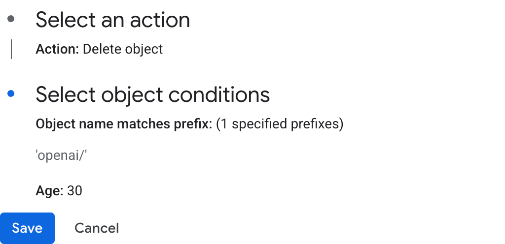 Google Cloud lifecycle rule showing Delete object, the openai/ object prefix, and Age 30.