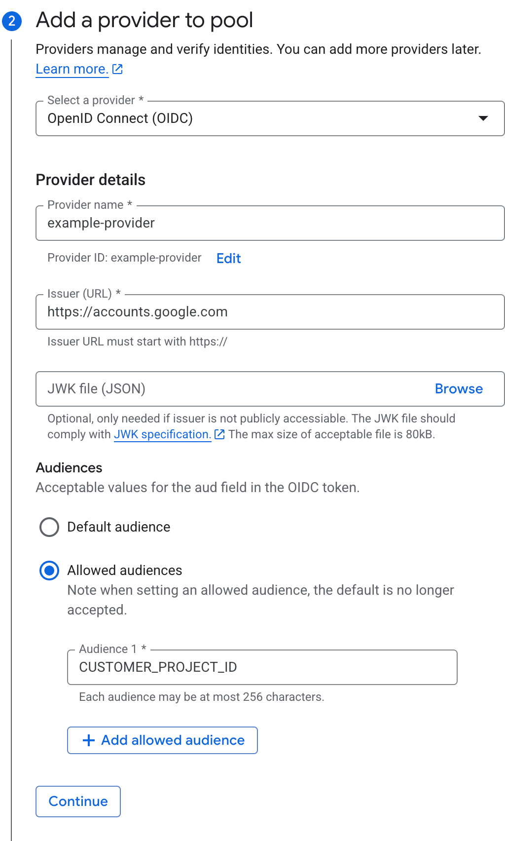 Google Cloud OIDC provider setup showing the Google issuer URL and an OpenAI project ID as the allowed audience.