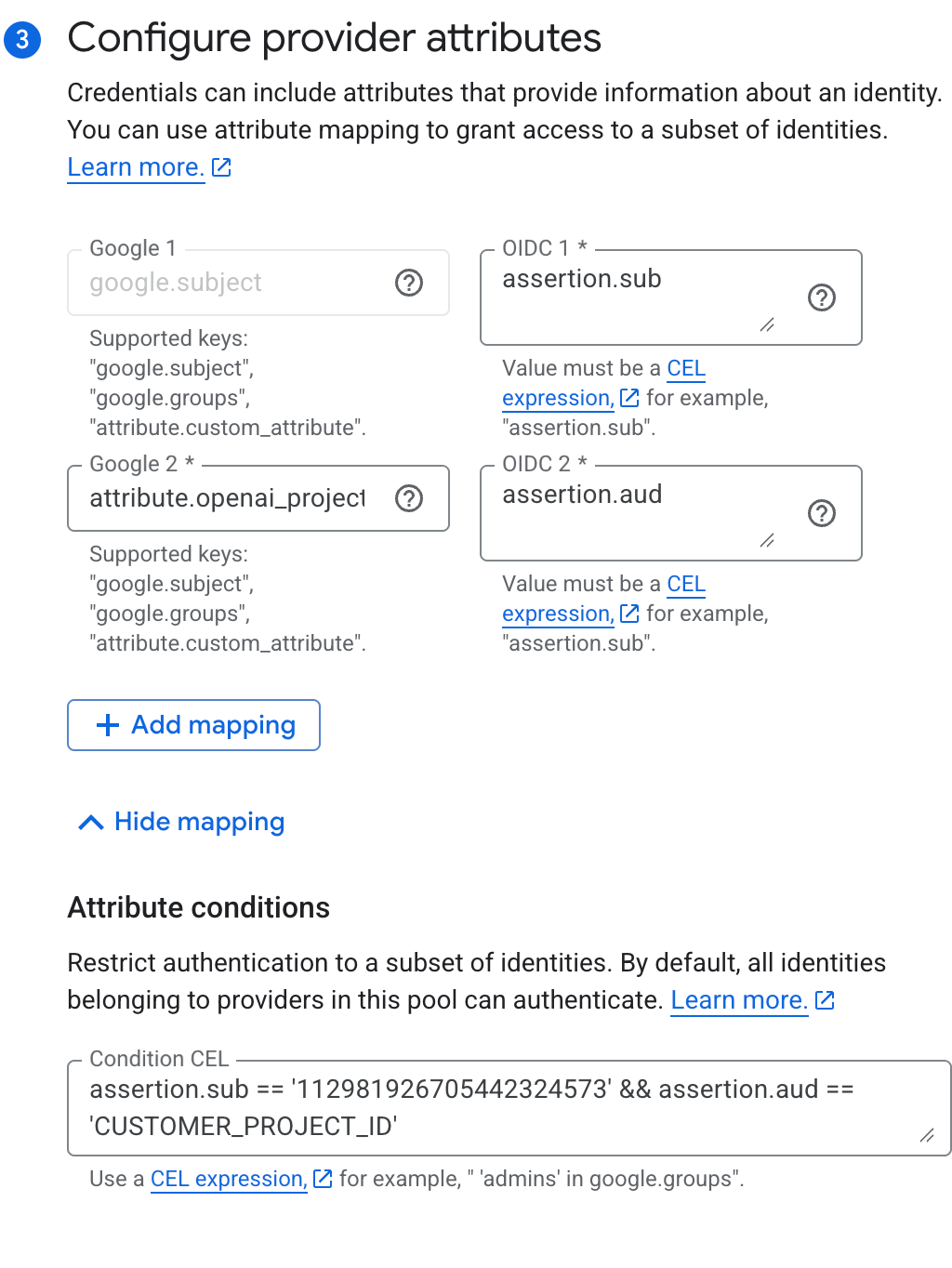Google Cloud provider attributes mapping google.subject to assertion.sub and attribute.openai_project to assertion.aud, with the condition restricting the OpenAI production subject and project audience.
