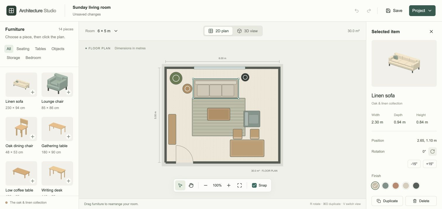 The completed 2D floor plan with furniture, dimensions, and a matching catalog.