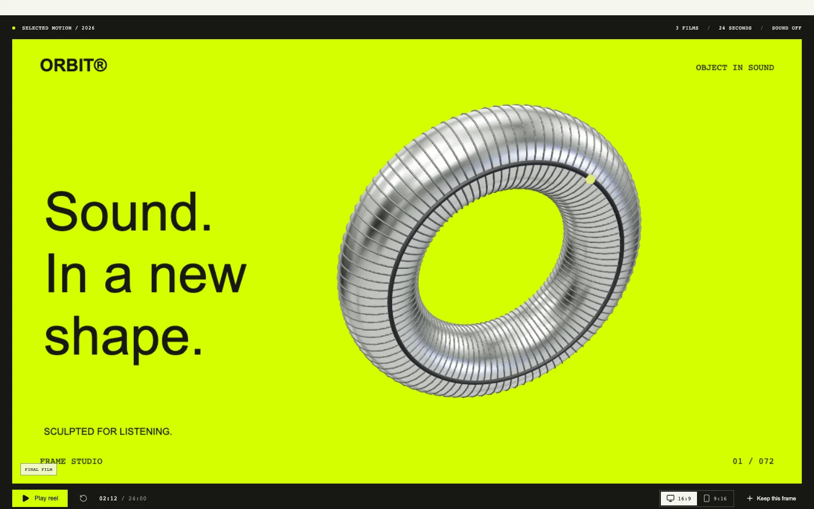Frame Studio’s Orbit film: a sculptural silver speaker against acid lime, with widescreen playback and frame-saving controls.