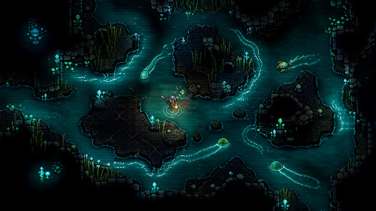 Generated Tideglass Caverns concept: a small adventurer amid dark stone and glowing teal water