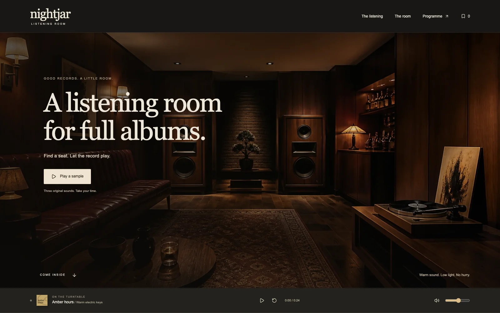 Nightjar Listening Room with warm amber light, a turntable and record sleeve, and visible sample playback controls.