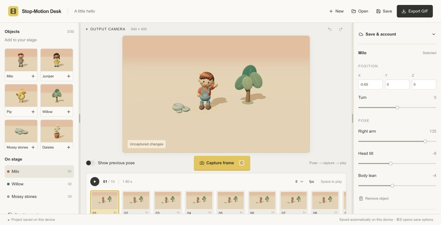 The finished Stop-Motion Desk editor with its character library, stage, pose controls, and timeline.